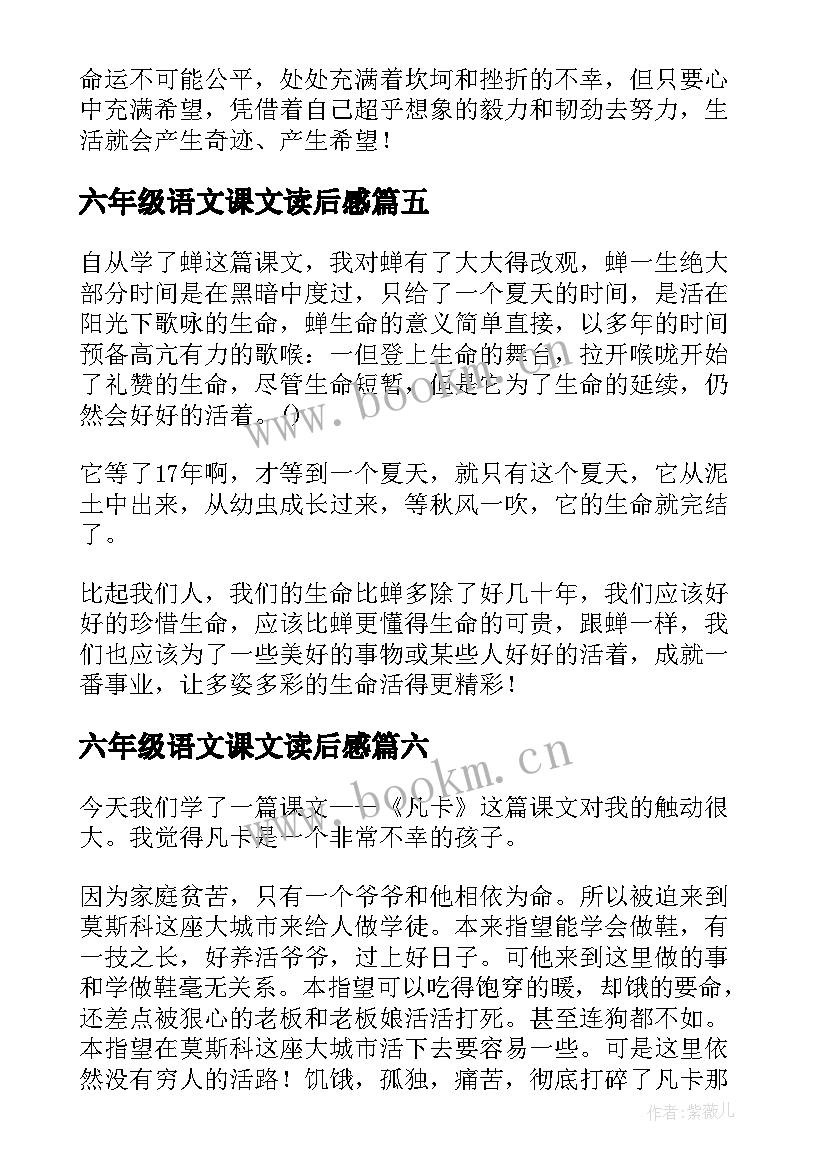 最新六年级语文课文读后感(模板7篇)