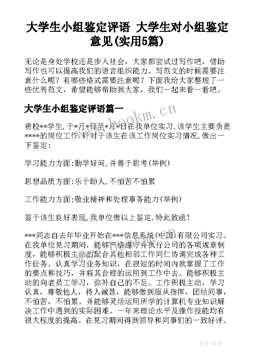 大学生小组鉴定评语 大学生对小组鉴定意见(实用5篇)