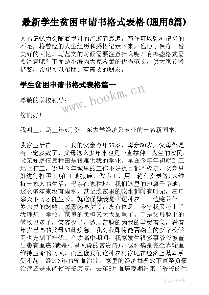 最新学生贫困申请书格式表格(通用8篇)