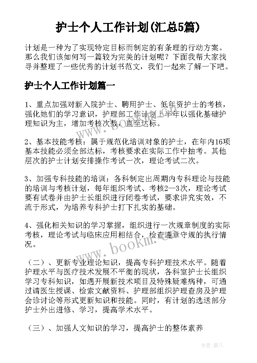 护士个人工作计划(汇总5篇)