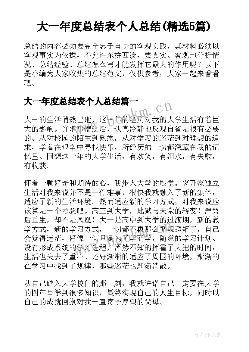 大一年度总结表个人总结(精选5篇)