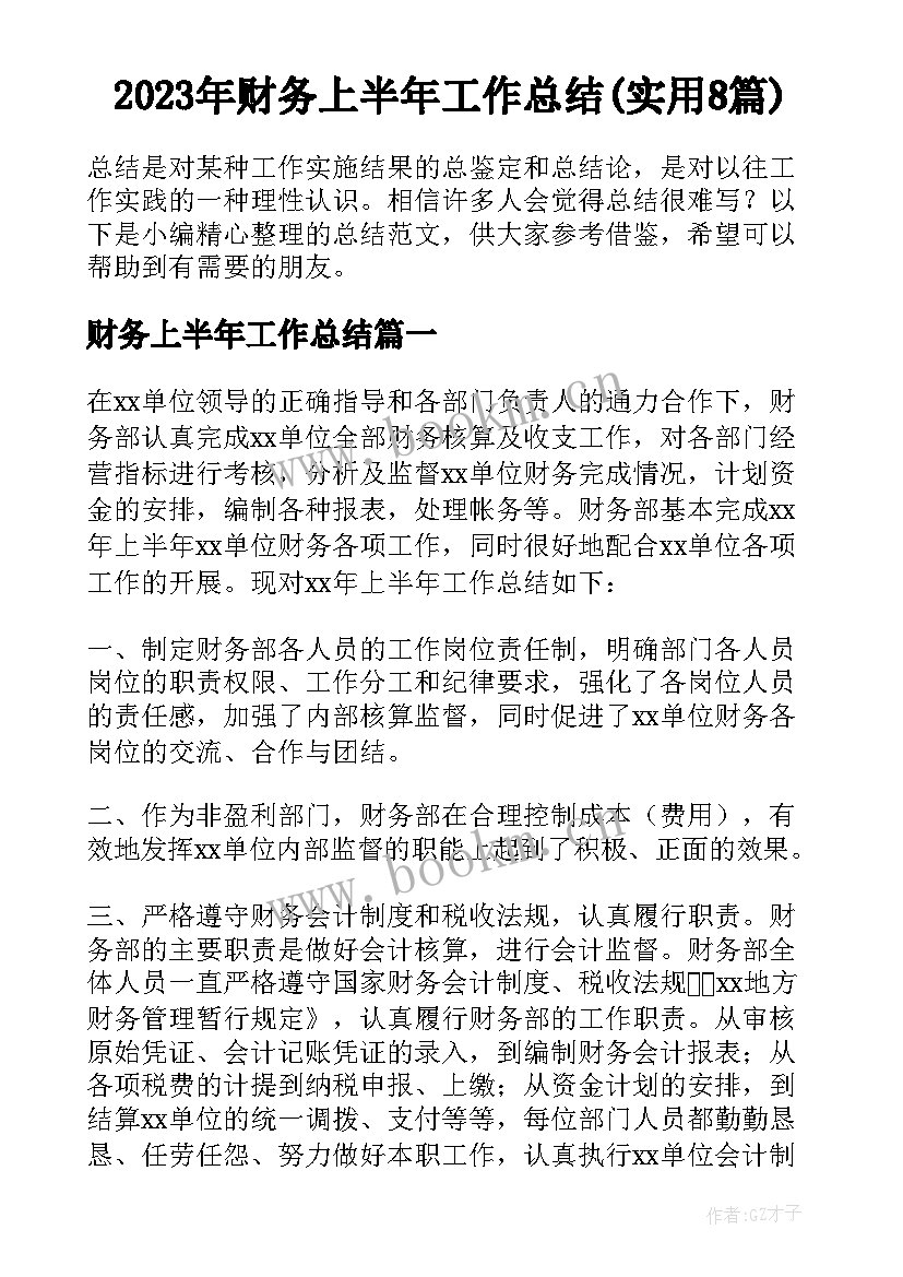 2023年财务上半年工作总结(实用8篇)