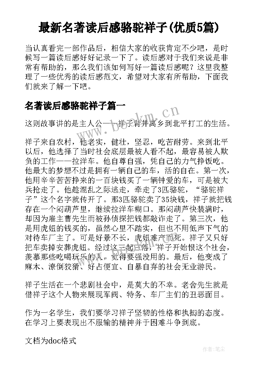 最新名著读后感骆驼祥子(优质5篇)