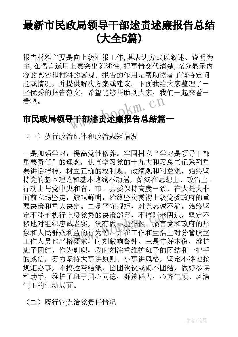 最新市民政局领导干部述责述廉报告总结(大全5篇)