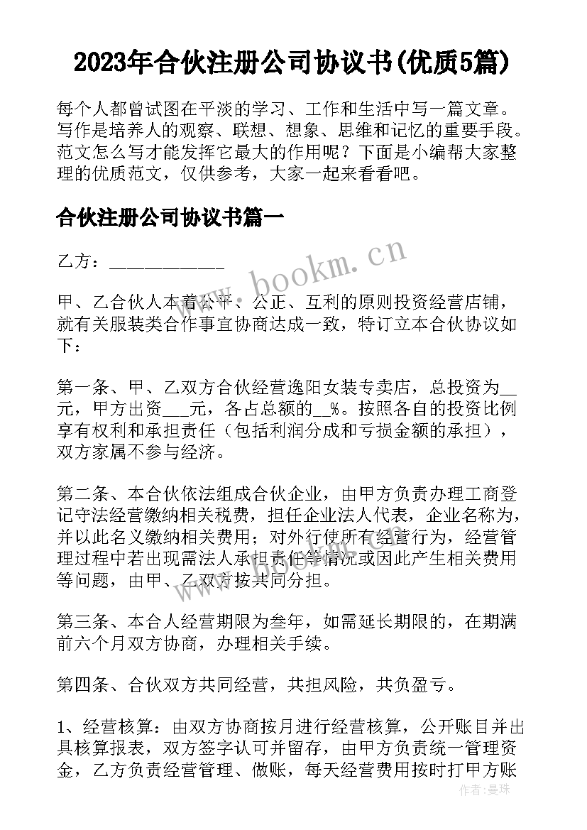 2023年合伙注册公司协议书(优质5篇)