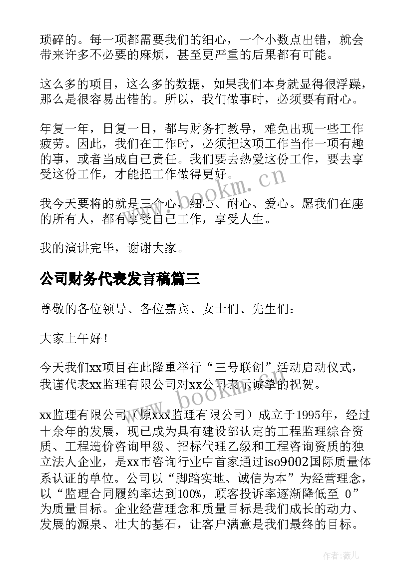 2023年公司财务代表发言稿(优质5篇)