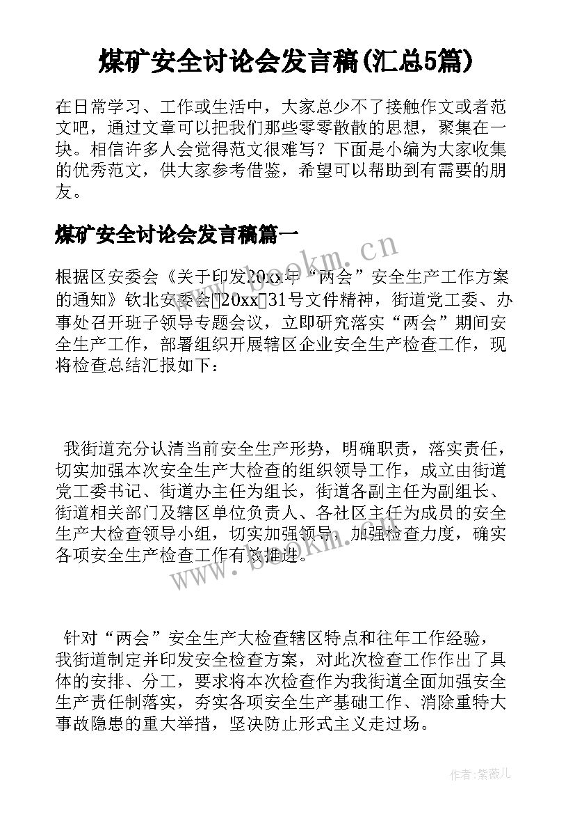 煤矿安全讨论会发言稿(汇总5篇)