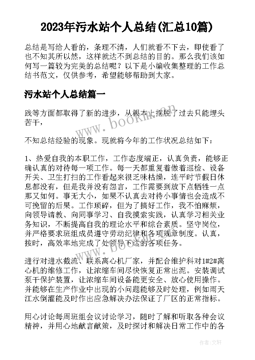 2023年污水站个人总结(汇总10篇)