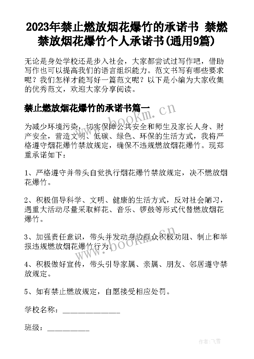 2023年禁止燃放烟花爆竹的承诺书 禁燃禁放烟花爆竹个人承诺书(通用9篇)