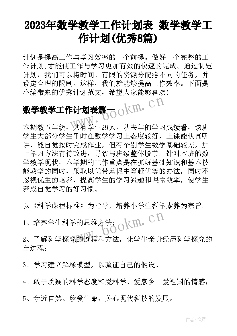 2023年数学教学工作计划表 数学教学工作计划(优秀8篇)