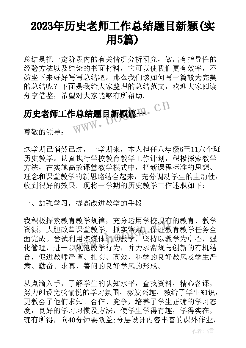 2023年历史老师工作总结题目新颖(实用5篇)