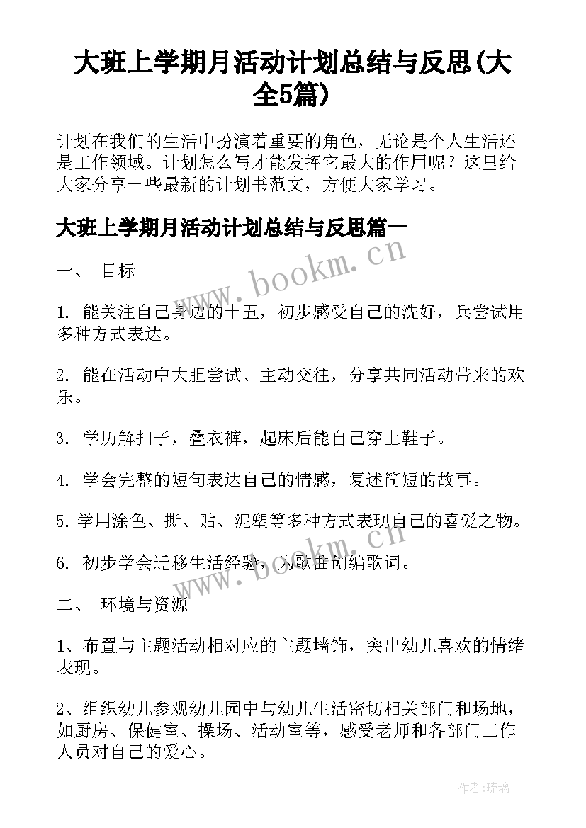 大班上学期月活动计划总结与反思(大全5篇)