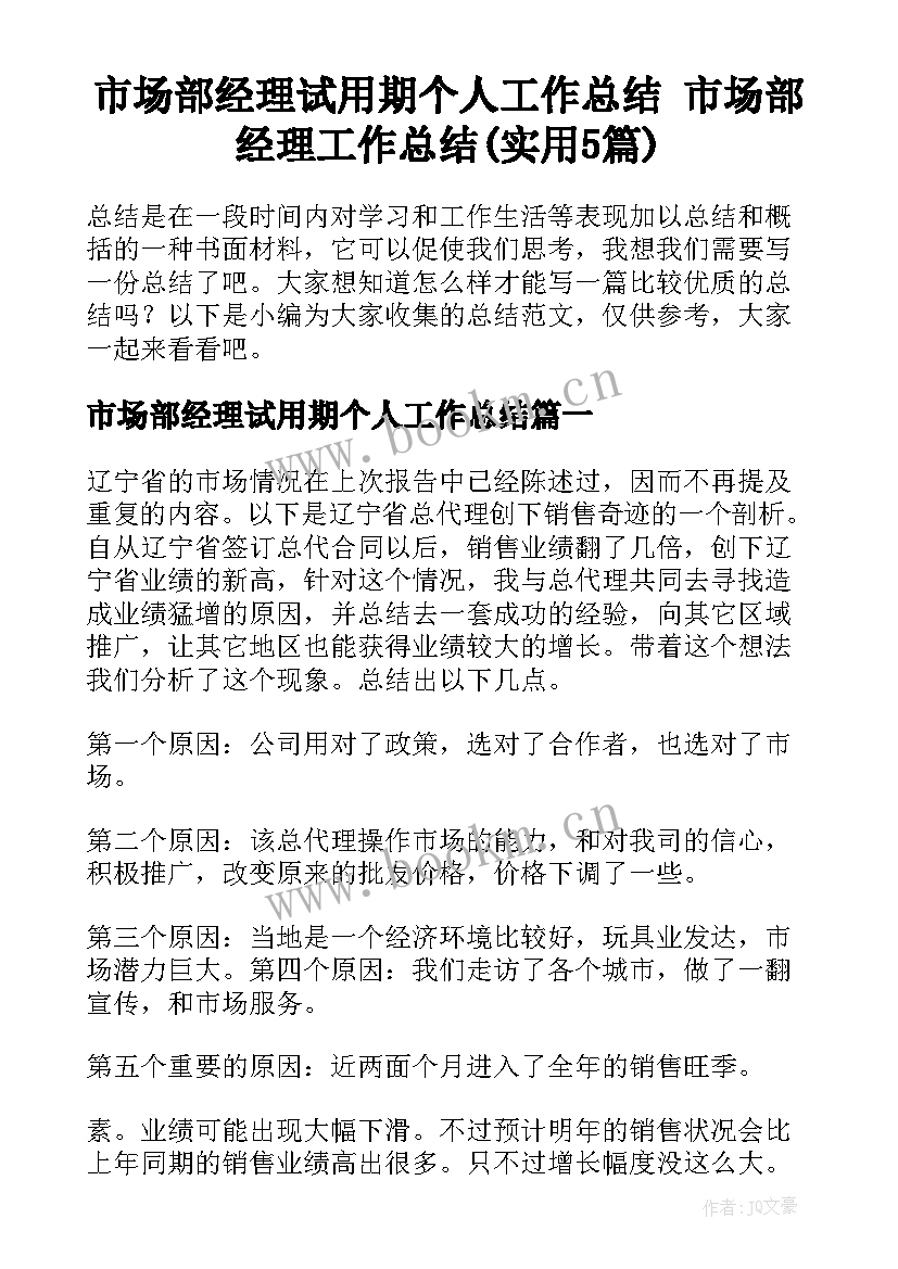 市场部经理试用期个人工作总结 市场部经理工作总结(实用5篇)