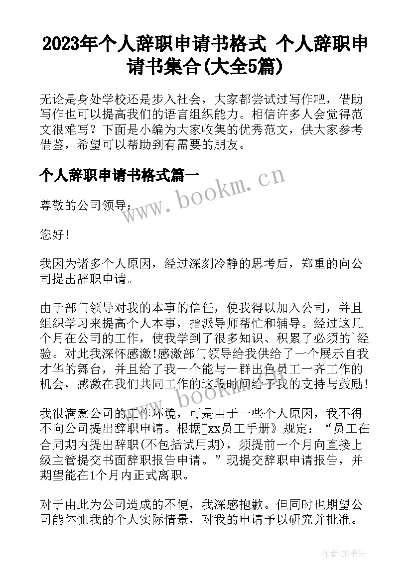 2023年个人辞职申请书格式 个人辞职申请书集合(大全5篇)