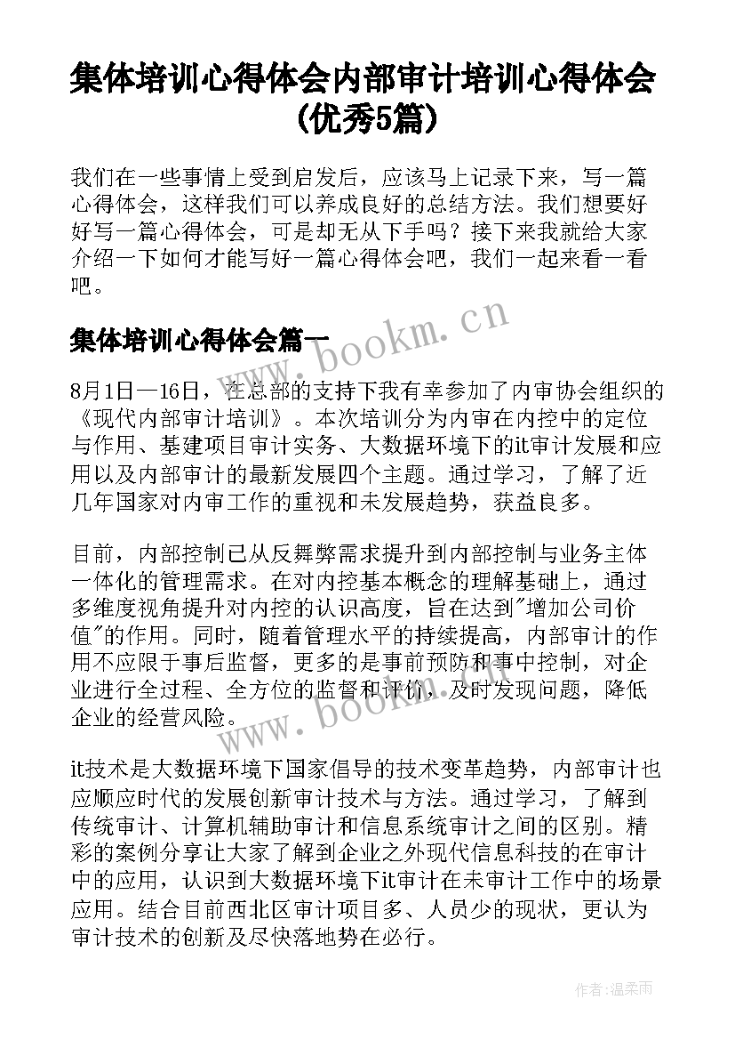 集体培训心得体会 内部审计培训心得体会(优秀5篇)