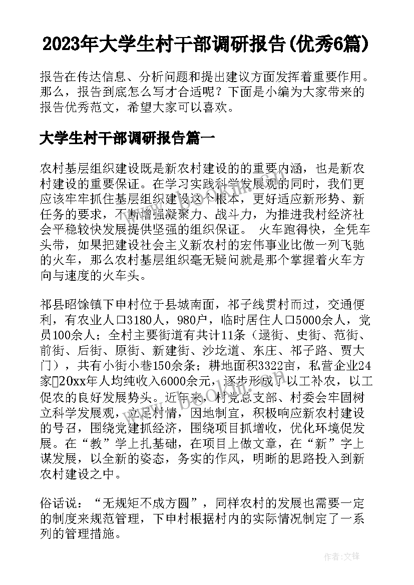 2023年大学生村干部调研报告(优秀6篇)