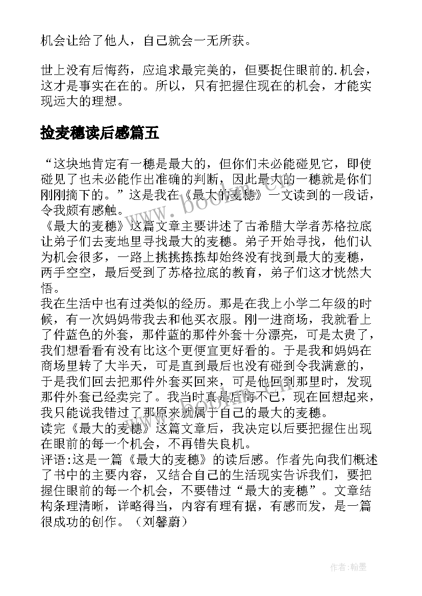 最新捡麦穗读后感 最大的麦穗读后感(通用9篇)