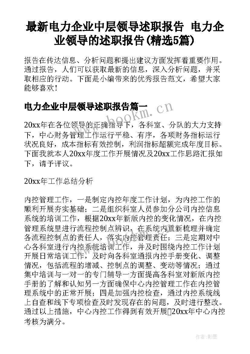 最新电力企业中层领导述职报告 电力企业领导的述职报告(精选5篇)