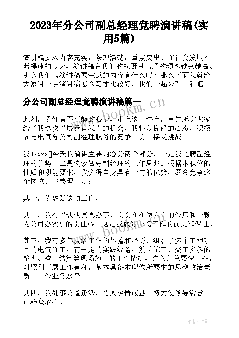 2023年分公司副总经理竞聘演讲稿(实用5篇)