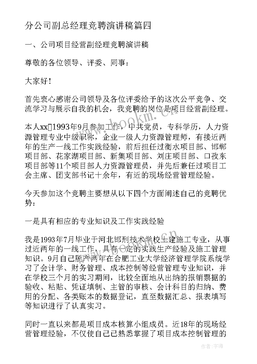 2023年分公司副总经理竞聘演讲稿(实用5篇)