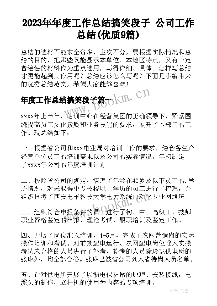 2023年年度工作总结搞笑段子 公司工作总结(优质9篇)