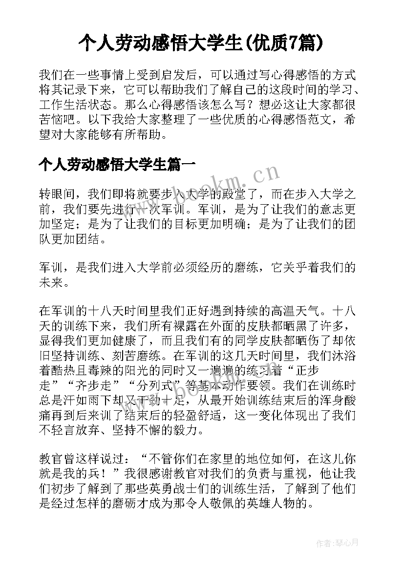 个人劳动感悟大学生(优质7篇)