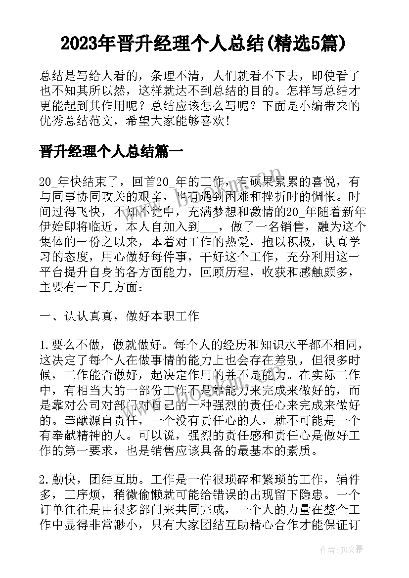 2023年晋升经理个人总结(精选5篇)