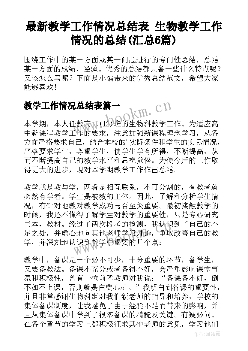 最新教学工作情况总结表 生物教学工作情况的总结(汇总6篇)