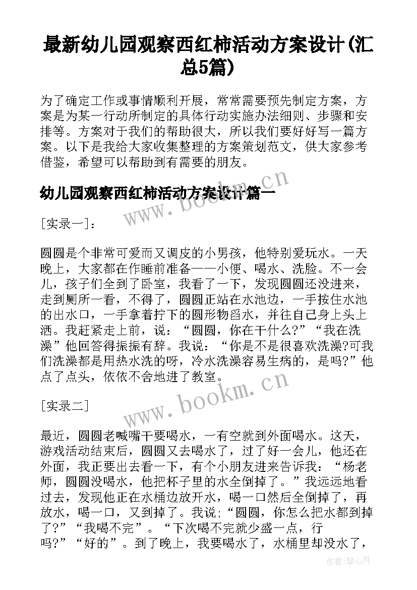 最新幼儿园观察西红柿活动方案设计(汇总5篇)