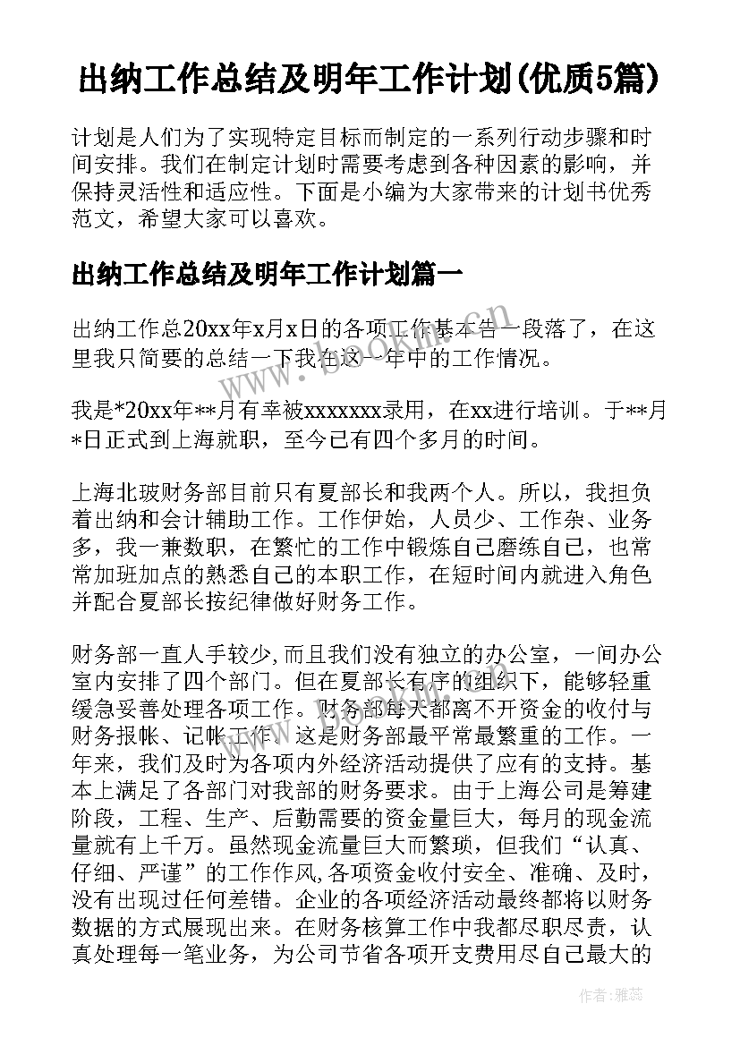 出纳工作总结及明年工作计划(优质5篇)