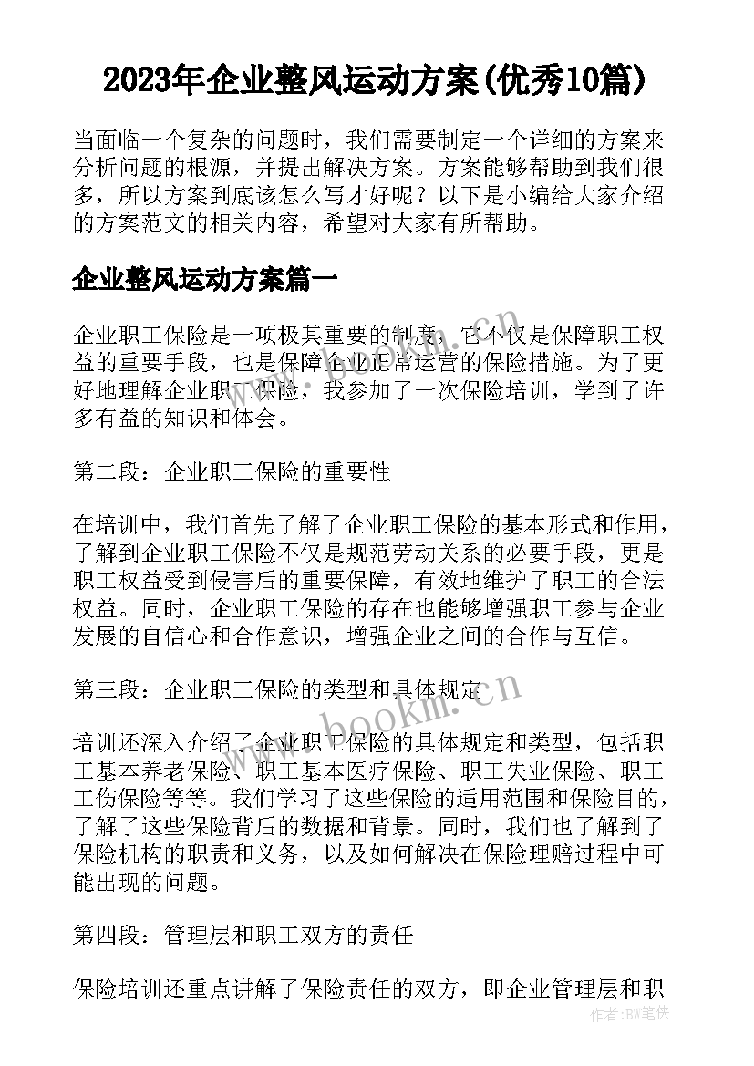 2023年企业整风运动方案(优秀10篇)