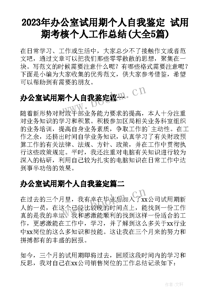 2023年办公室试用期个人自我鉴定 试用期考核个人工作总结(大全5篇)