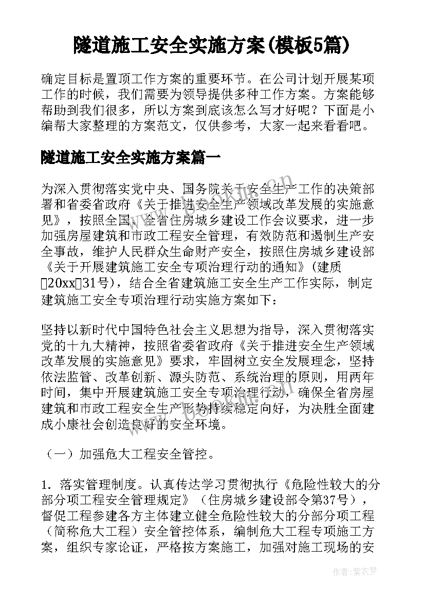 隧道施工安全实施方案(模板5篇)