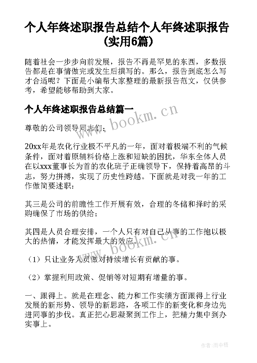 个人年终述职报告总结 个人年终述职报告(实用6篇)