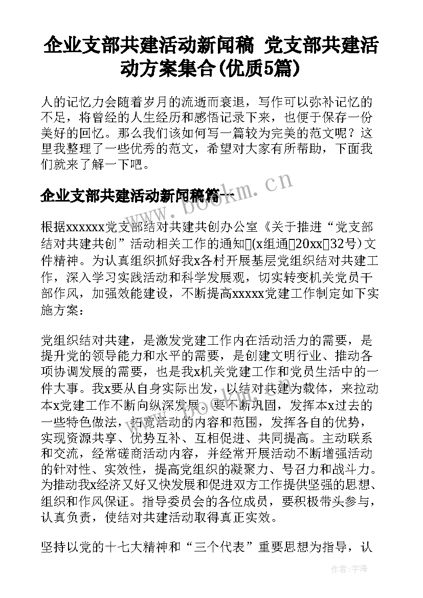 企业支部共建活动新闻稿 党支部共建活动方案集合(优质5篇)