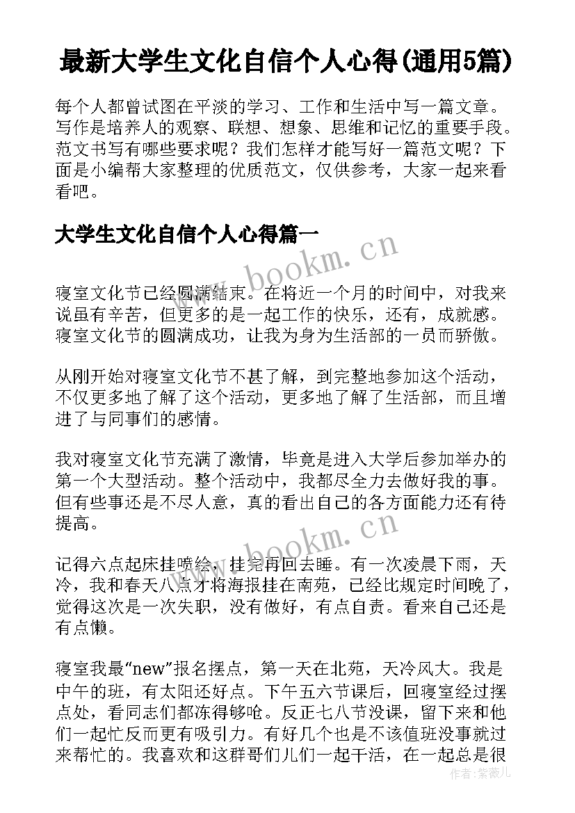 最新大学生文化自信个人心得(通用5篇)