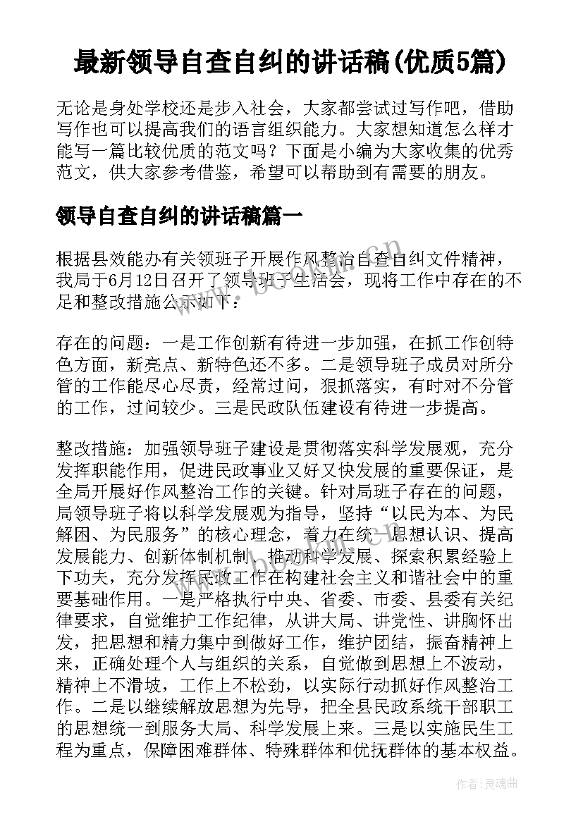 最新领导自查自纠的讲话稿(优质5篇)