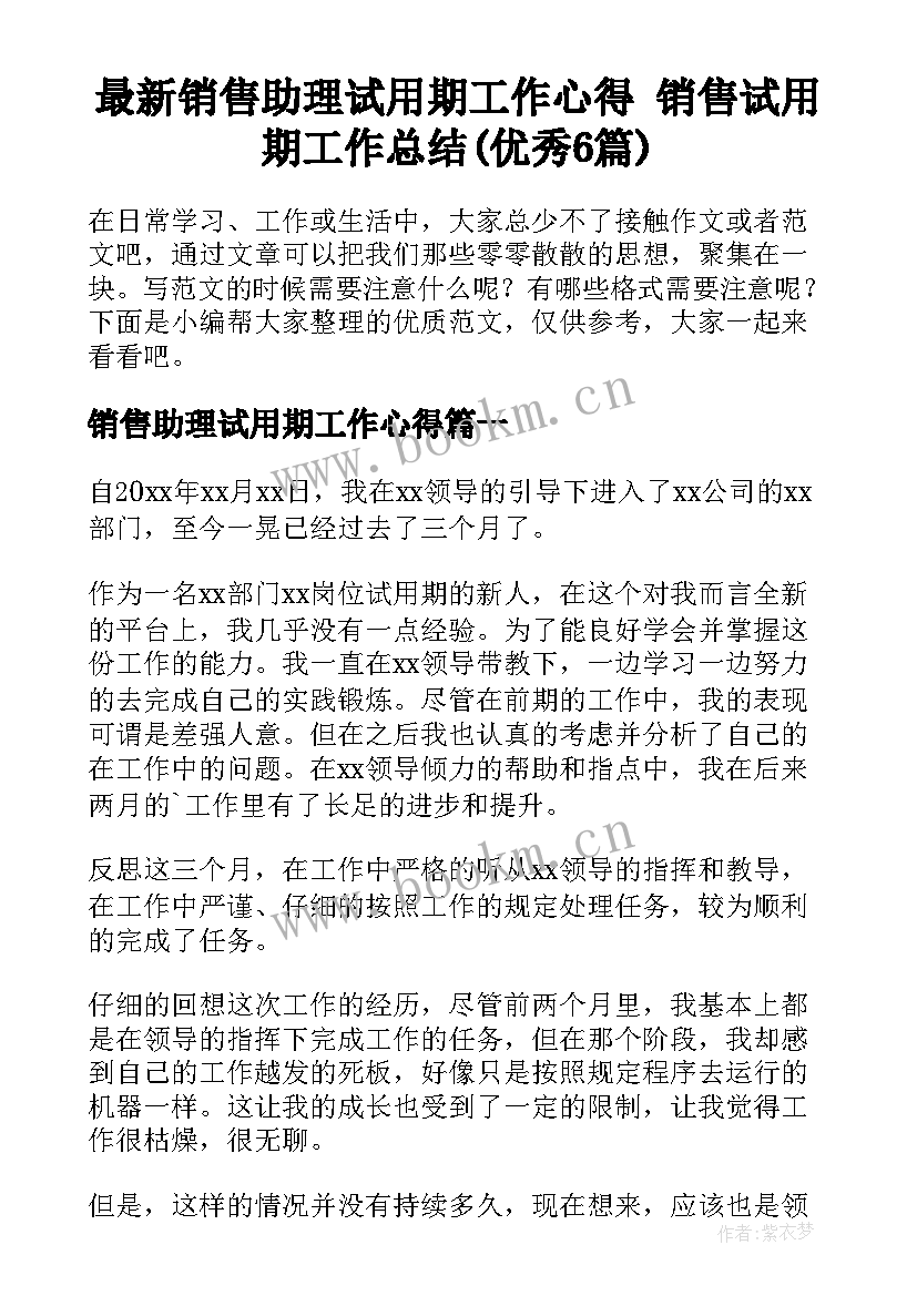 最新销售助理试用期工作心得 销售试用期工作总结(优秀6篇)