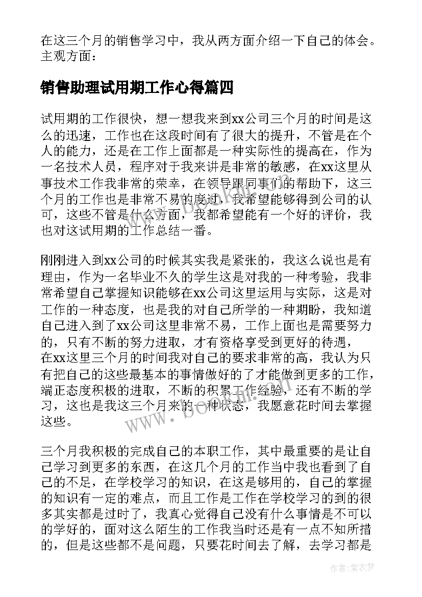 最新销售助理试用期工作心得 销售试用期工作总结(优秀6篇)