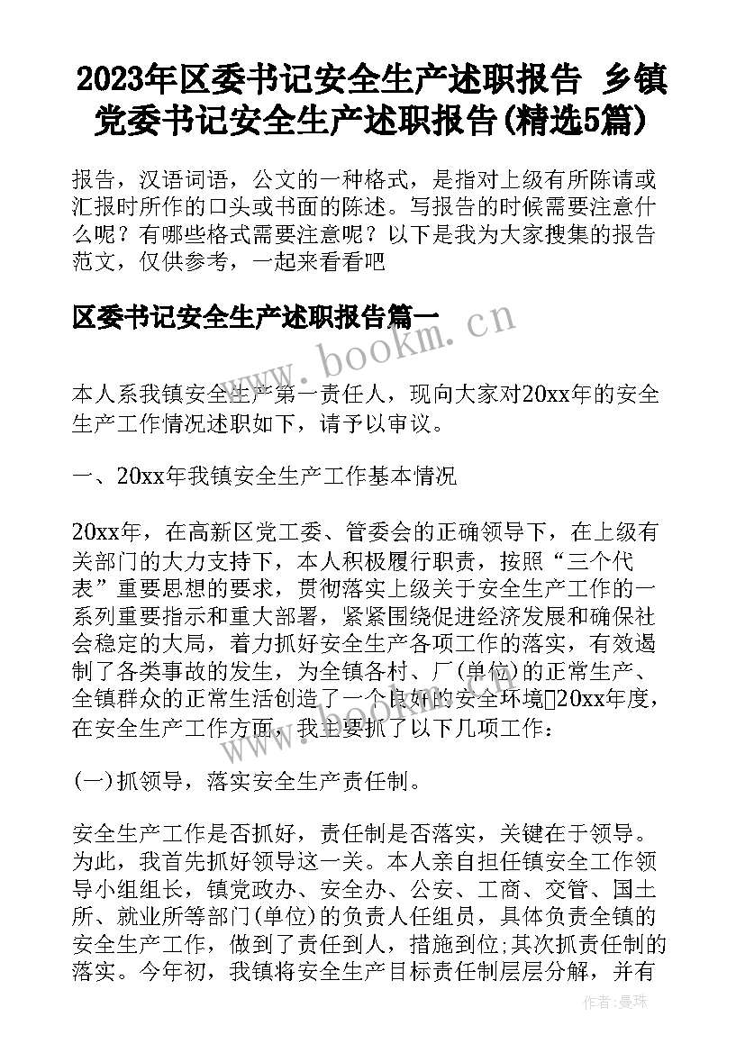 2023年区委书记安全生产述职报告 乡镇党委书记安全生产述职报告(精选5篇)