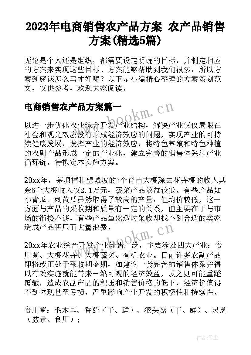 2023年电商销售农产品方案 农产品销售方案(精选5篇)