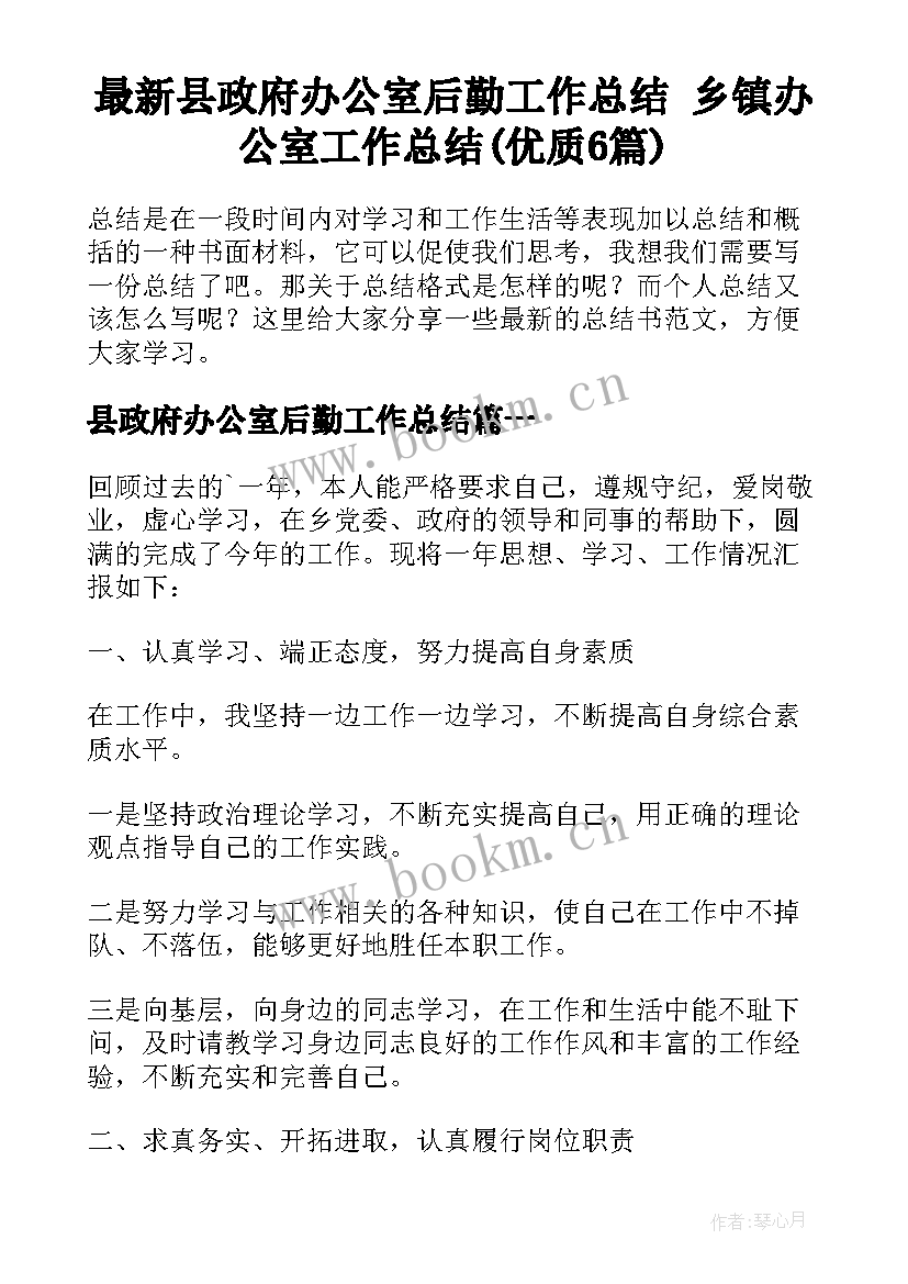 最新县政府办公室后勤工作总结 乡镇办公室工作总结(优质6篇)