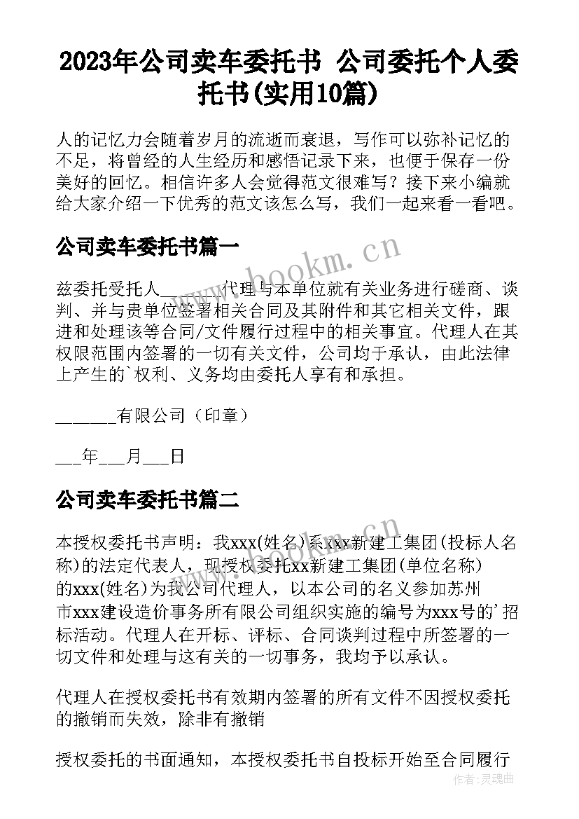 2023年公司卖车委托书 公司委托个人委托书(实用10篇)