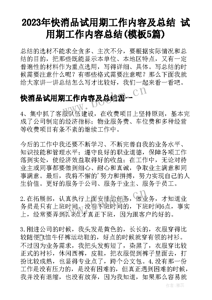 2023年快消品试用期工作内容及总结 试用期工作内容总结(模板5篇)