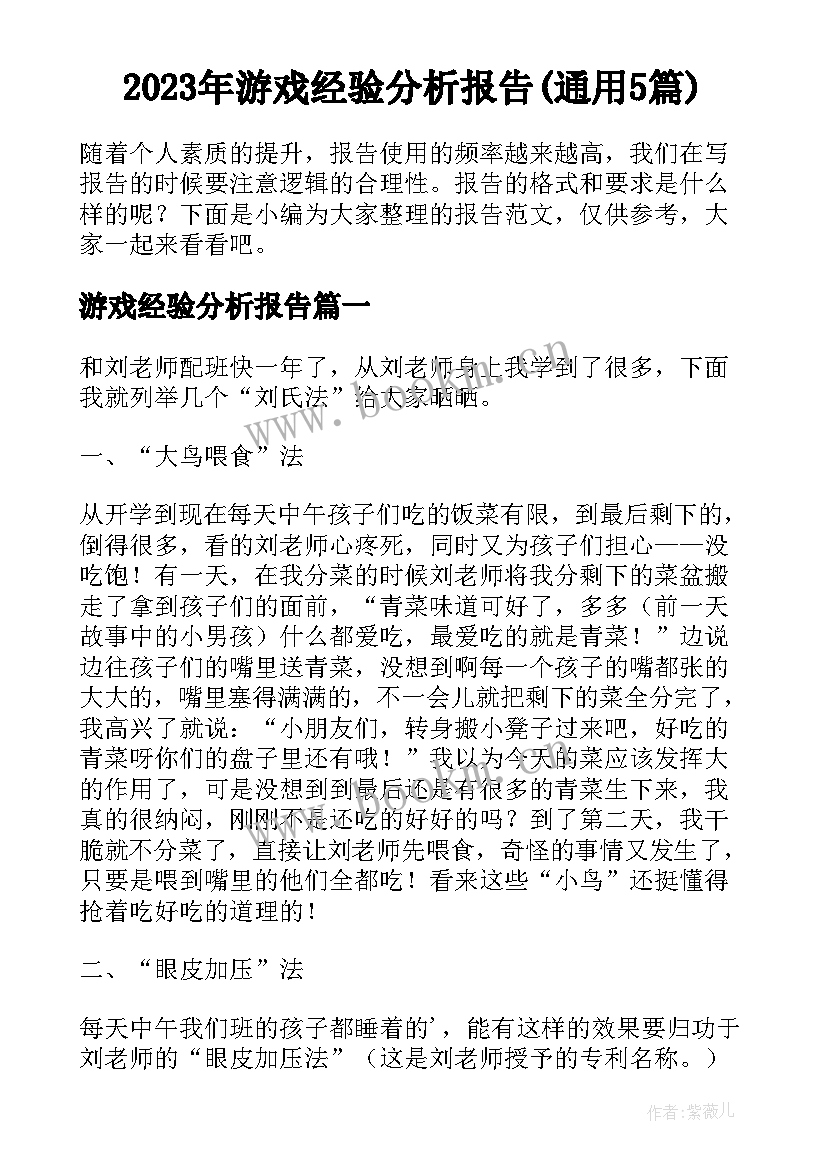 2023年游戏经验分析报告(通用5篇)