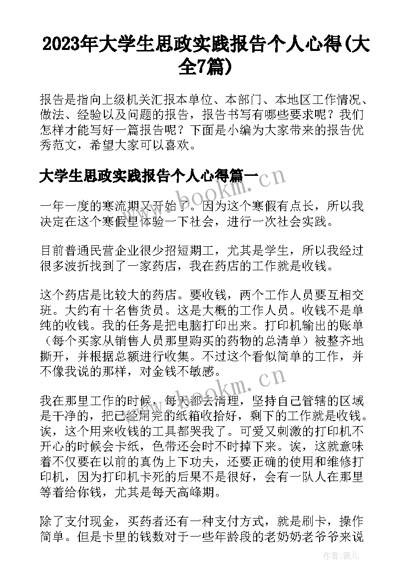 2023年大学生思政实践报告个人心得(大全7篇)