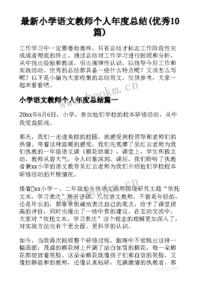 最新小学语文教师个人年度总结(优秀10篇)