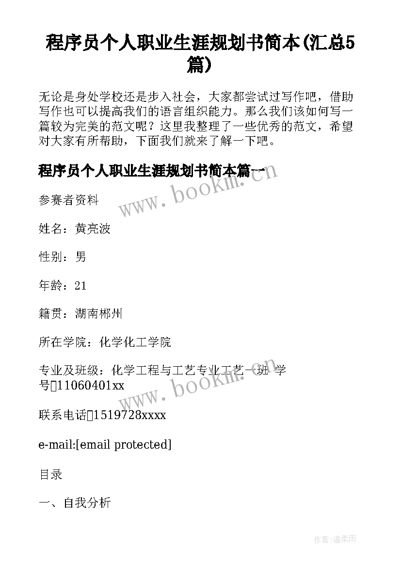 程序员个人职业生涯规划书简本(汇总5篇)