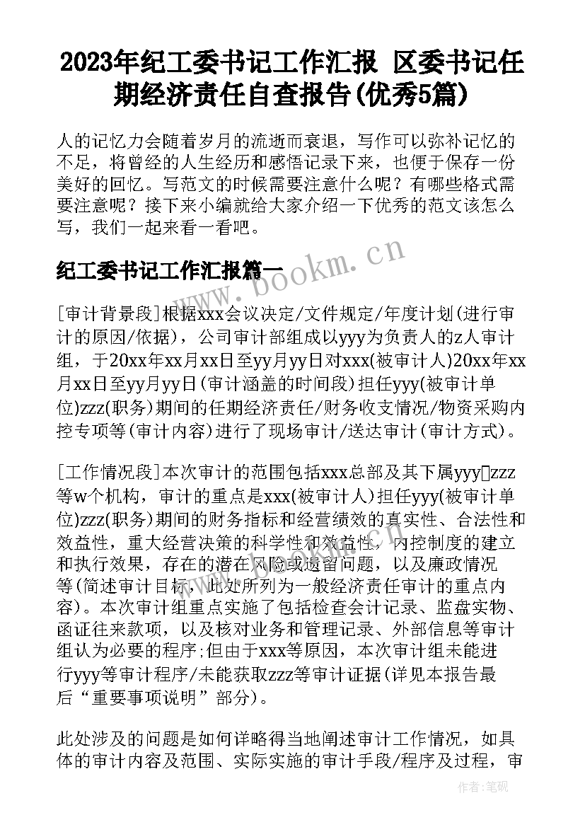 2023年纪工委书记工作汇报 区委书记任期经济责任自查报告(优秀5篇)