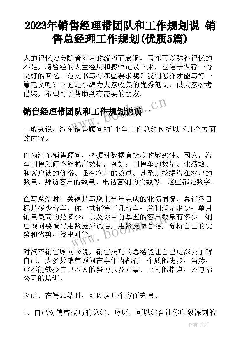 2023年销售经理带团队和工作规划说 销售总经理工作规划(优质5篇)